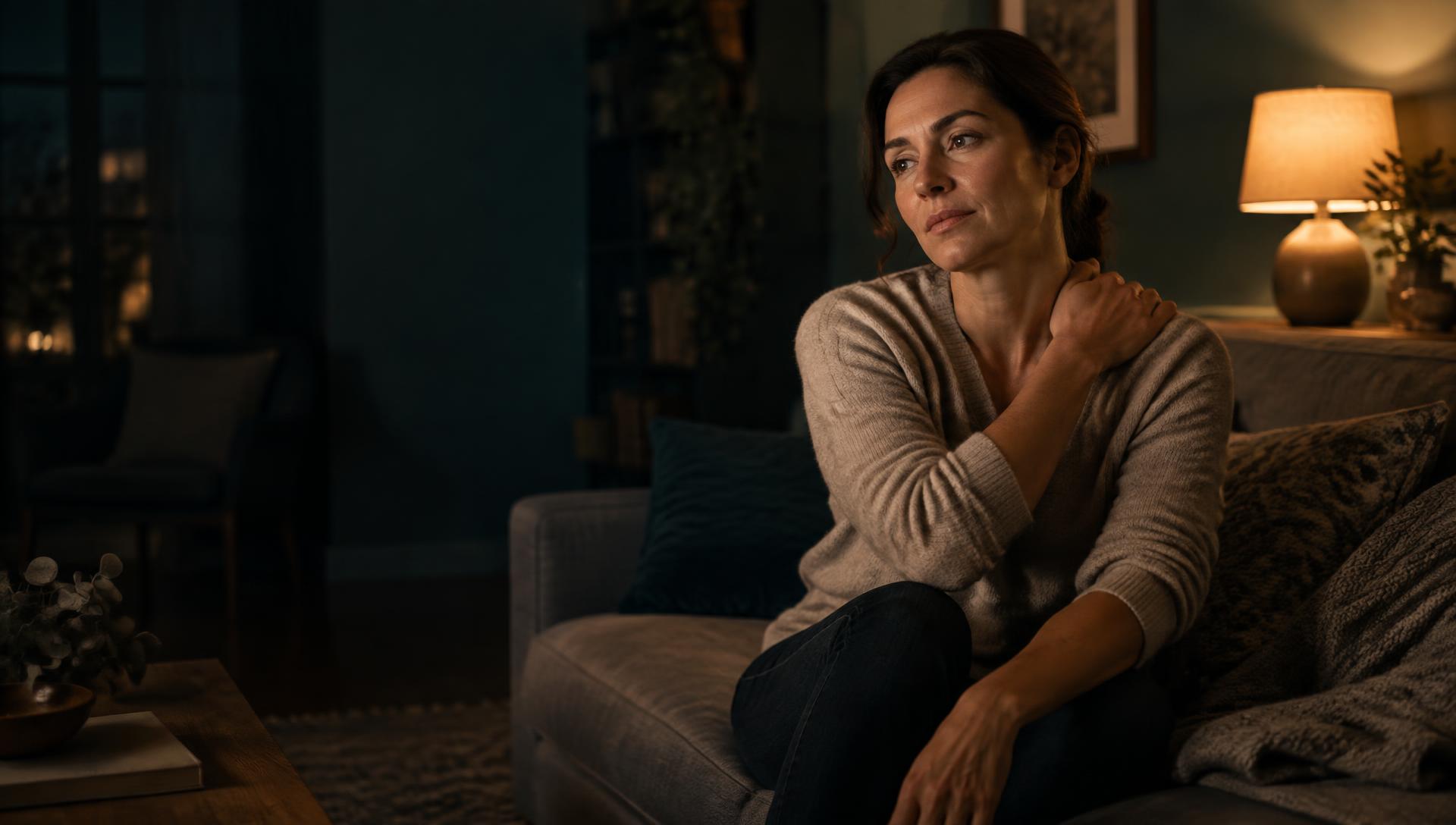 A woman at home in the evening, easing tension in her neck and shoulder