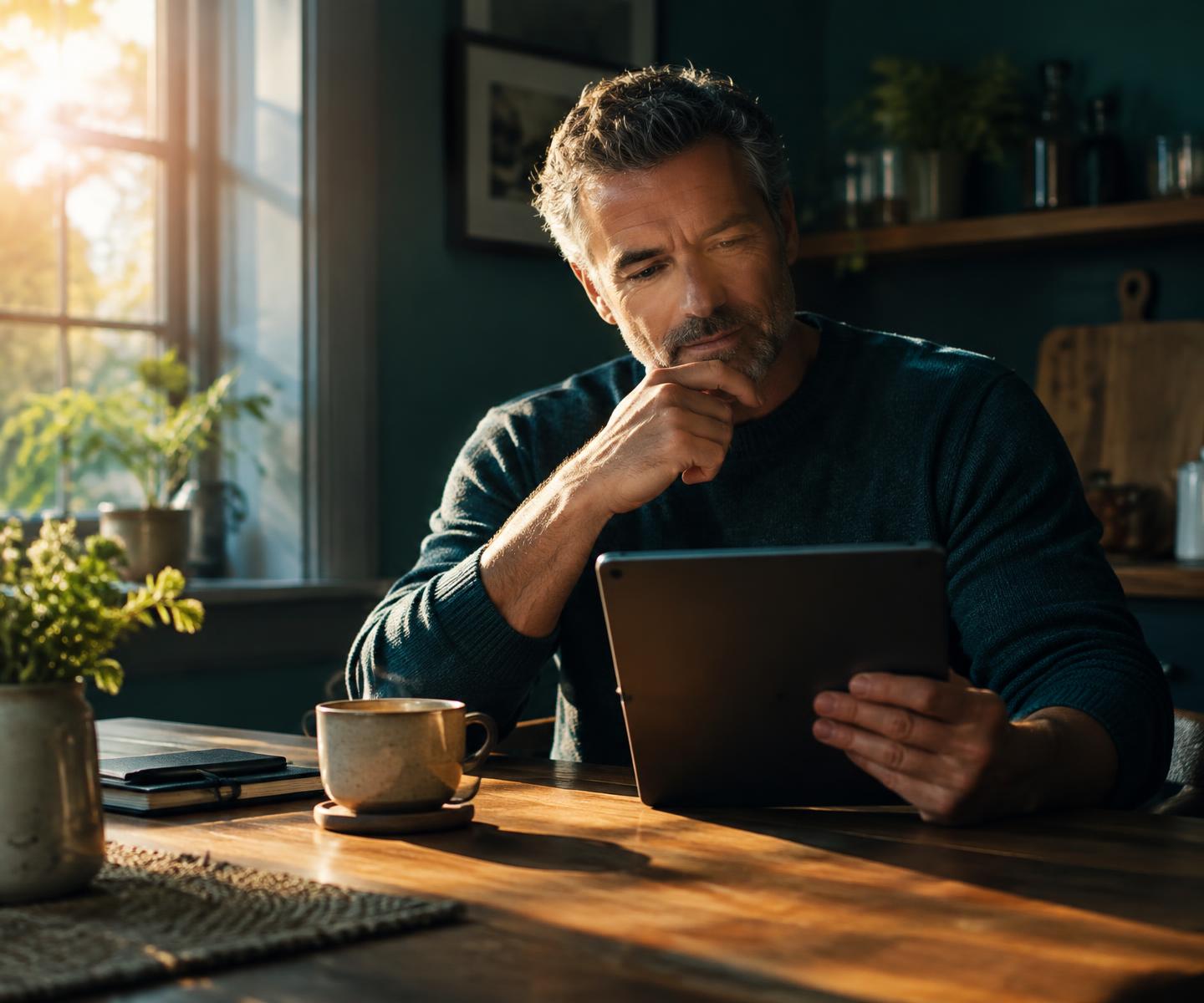 A man at his kitchen table researching on a tablet in morning light